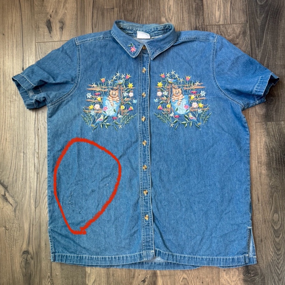 Bobbie Brooks Woman Denim Shirt‎ Embroidered Cats Flowers Birds Size 14W 16W
